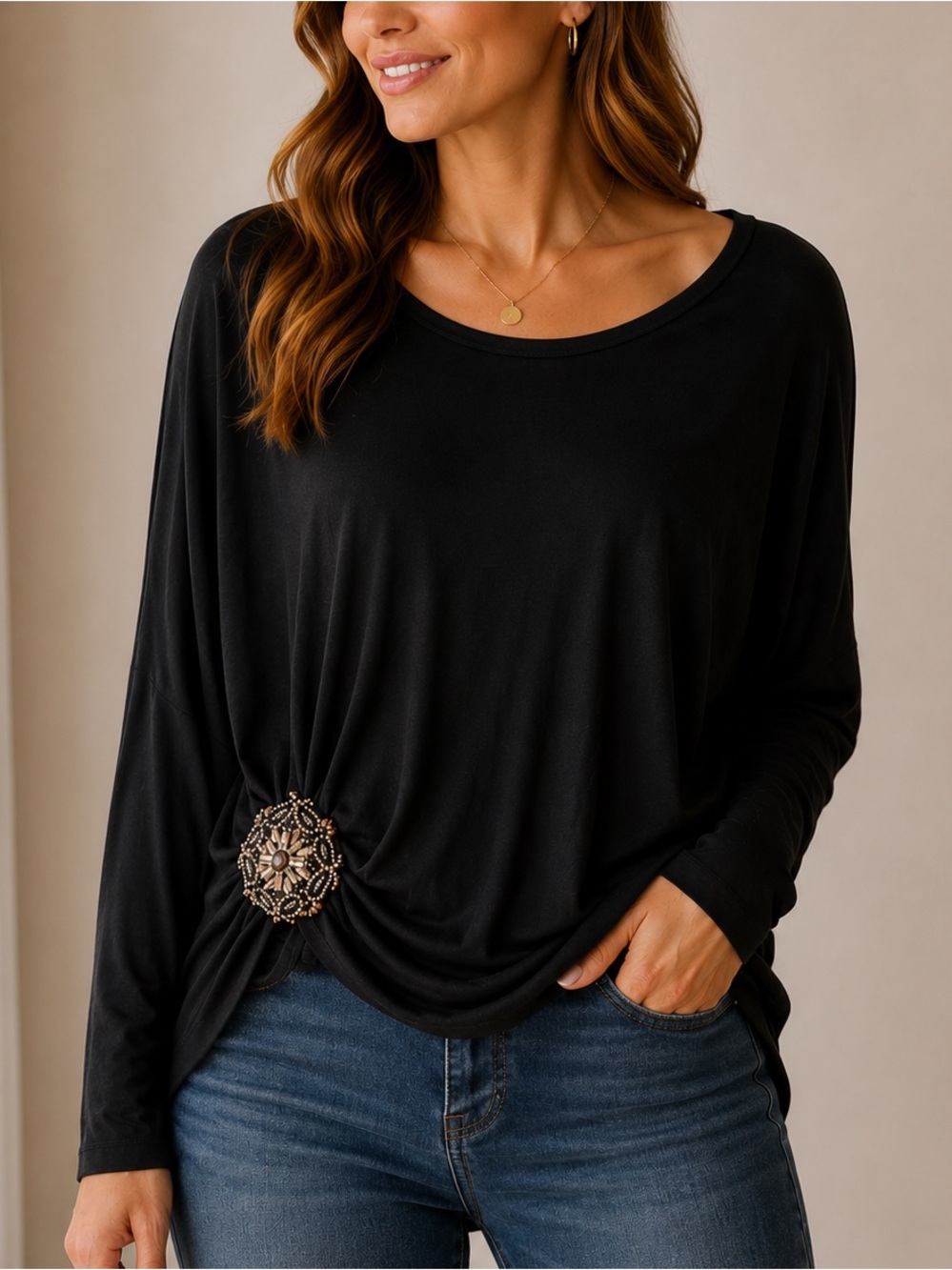 FIFTEEN TWENTY Black Long-Sleeve Knot Front Top with Decorative Brooch